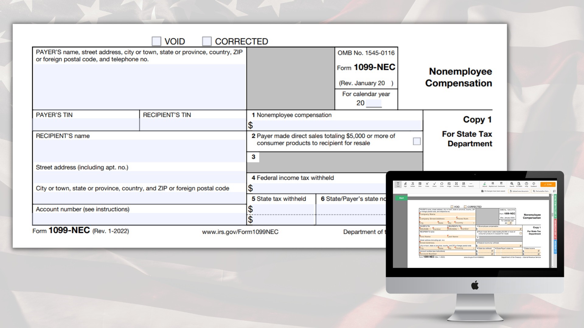 The blank 1099-NEC printable form for 2023 and the online template in PDF on the desktop
