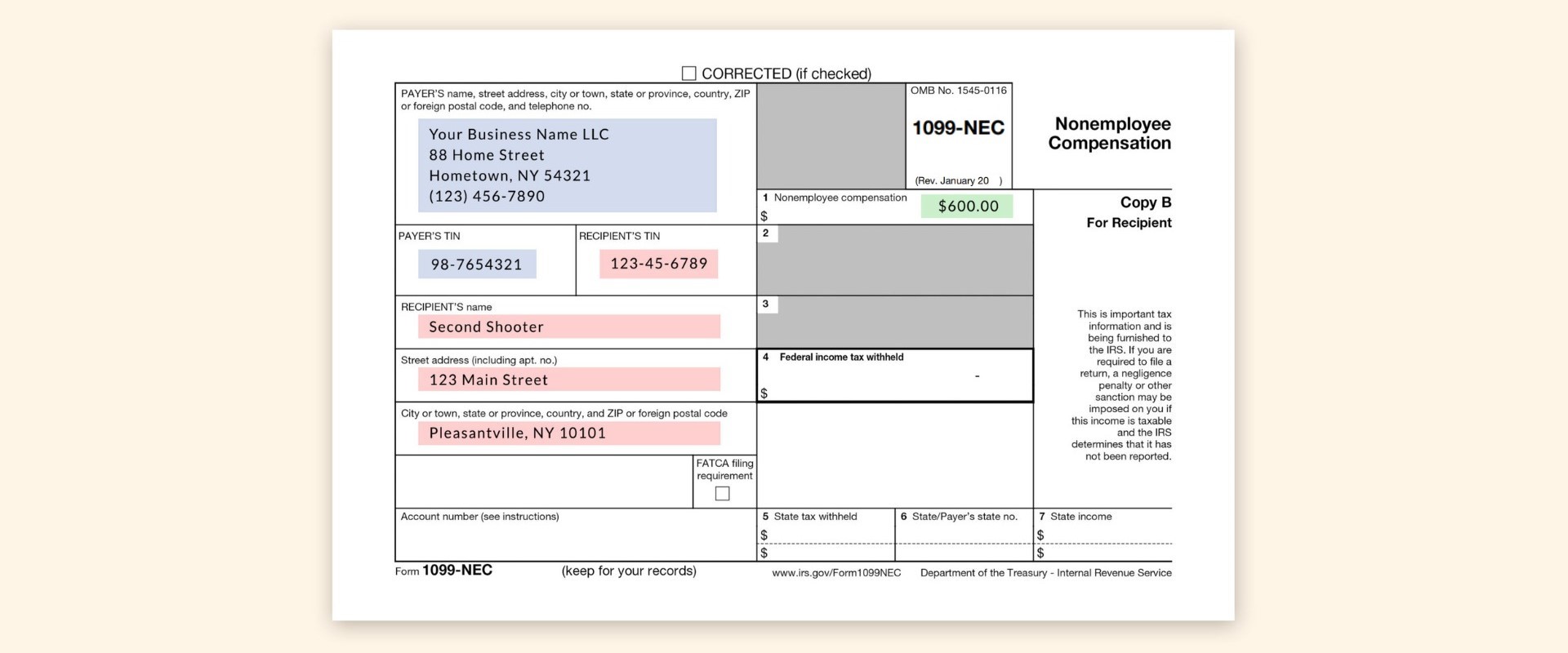 The 1099-NEC template example with filling instructions